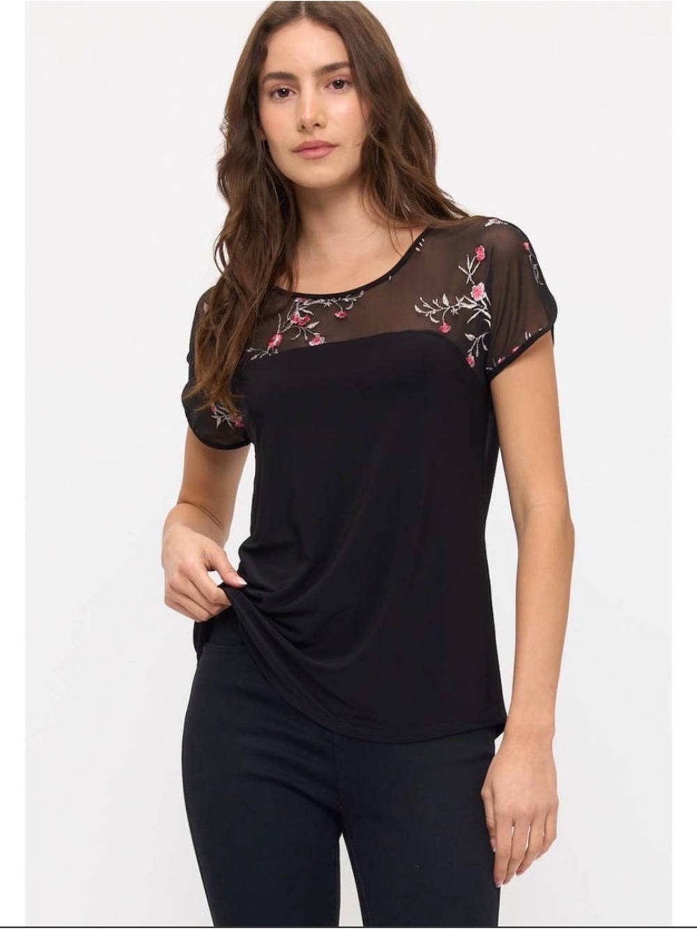 PerSeption Concept Black Sheer Yoke Floral Embroidered Women's Top